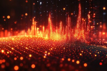 Abstract digital landscape with glowing red data streams.