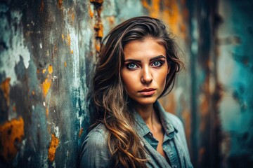 Fototapeta premium Aged gray textured wall, perfect for vintage portrait photography. Studio backdrop, creating an old-world feel.