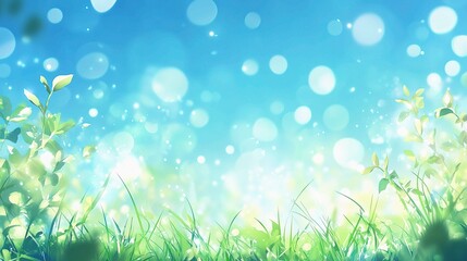 Obraz premium Sparkling Spring Meadow: A vibrant green meadow bathed in warm sunlight, with a soft blur of shimmering bokeh creating a whimsical and enchanting atmosphere.