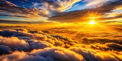 Fototapeta premium Golden Sunset Sky: Long Exposure View from High Altitude with Fluffy Clouds, Serene Atmosphere, Vibrant Colors, Nature's Beauty, Scenic Landscape, Majestic Horizon, Tranquil Escape