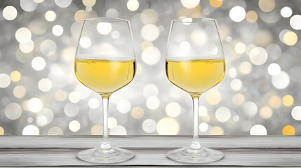 Two Wine Glasses Filled with Champagne Stand on a Wooden Table Against a Festive Bokeh Background.