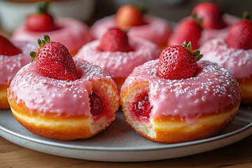 Strawberry donuts with pink icing and a dusting of powdered sugar. Delicious treat!
