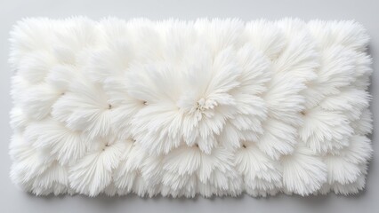Fototapeta premium Fluffy white pom-pom pillow resting on a sleek gray surface. Layers of pom-poms create a soft, textured circle inviting touch and comfort