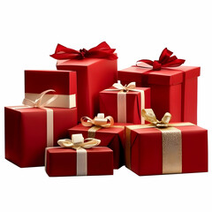 Obraz premium Red Gift Boxes Wrapped Beautifully with Gold and Cream Ribbons Stand Elegantly on White Background