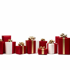 Obraz premium Red and White Gift Boxes with Gold Ribbons on a White Background Presents a Festive Holiday Scene.