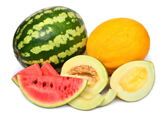 Watermelon and melon slices isolated on white background