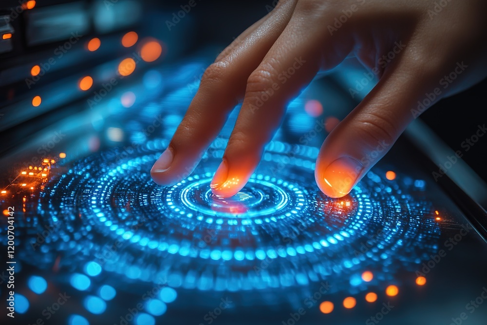 Poster finger interacting with futuristic interface. glowing circles and data points illuminate the touchsc