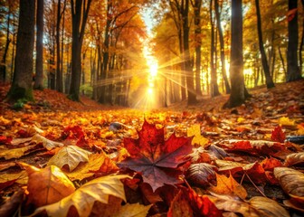 A nature photographer's dream: a sun-drenched path winds through a forest ablaze with fall colors.
