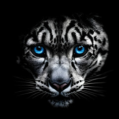 White Wildcat with Piercing Blue Eyes Stares Intensely from the Shadows