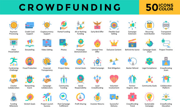 Crowdfunding icons set with payment processing, credit card support, cryptocurrency support, partial funding, all or nothing funding, early bird offer icon. Simple flat color vector 
