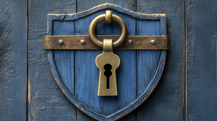 vintage blue shield with brass lock, symbolizing security and protection. rustic texture adds sense of history and reliability