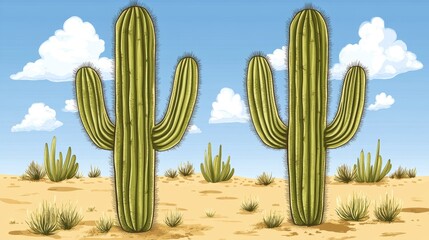 Two saguaro cacti standing tall in a sunny desert landscape