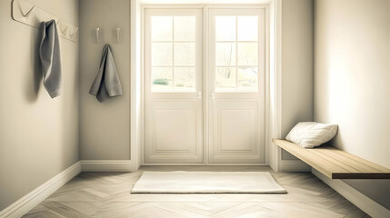 Modern Entryway Features a Wooden Bench, White Rug, and Glass Door with Towels Hanging on Hooks.