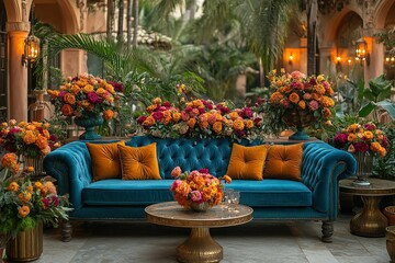 Fototapeta premium Vibrant floral arrangement adorns a teal velvet sofa in a lush outdoor setting.
