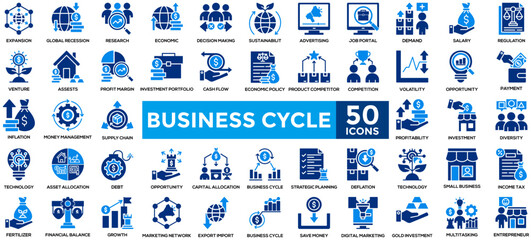 Business cycle icons set. Contains inflation, profitability, money management, strategic planning, volatility icons. .Simple flat vector illustration.	