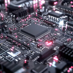 3D Render of Circuit Board with CPU, Pink Lights, and Complex Connections.
