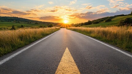 Naklejka premium Sunset Road: A Journey Towards Golden Horizons