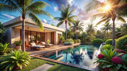 Fototapeta premium Luxury Villa with Private Pool Surrounded by Lush Palm Trees in Tropical Paradise - Exquisite Fashion Photography