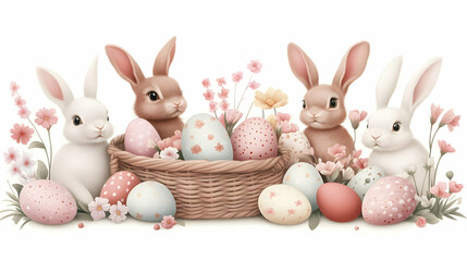Obraz premium Four Bunnies Gather Around a Basket Overflowing with Decorated Easter Eggs and Spring Flowers