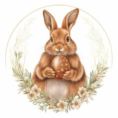 Obraz premium Adorable Bunny Holds Decorated Egg in Floral Wreath, an Easter Illustration