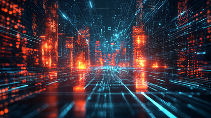 Fototapeta premium A glowing city skyline connected by vibrant digital lines representing advanced network technology and data flow.