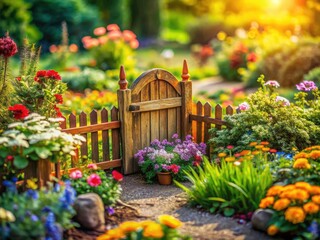 A whimsical fairy tale garden awaits; tilt-shift captures a charming miniature gate.