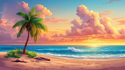 Serene sunset over a tropical beach with a lone palm tree