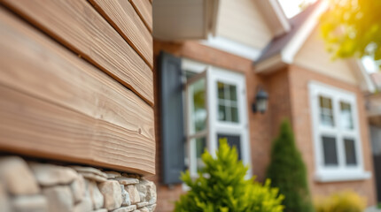 Modern Brick House Exterior with Wood and Stone Accents. Beautiful Suburban Home Design and Architecture. Real Estate and Property Photography.