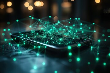 Abstract digital network connection visualized above a smartphone, glowing green nodes and lines representing data flow and connectivity.