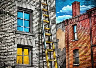 Black and white line art: industrial climber scales a tall ladder, reaching a rooftop, urban exploration theme.