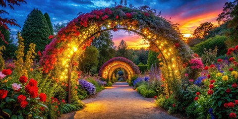 Vibrant Illuminated Archway Surrounded by Colorful Floral Decorations in a Lush Garden Setting