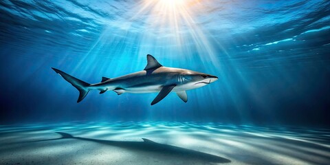 Fototapeta premium Minimalist Shark Swimming in Crystal Clear Waters, Ocean Serenity, Underwater Minimalism, Nature Photography, Marine Life, Tranquil Sea, Blue Tones