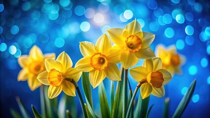 Fototapeta premium Bold blue contrasts with delicate narcissus in this striking architectural floral still life photograph.