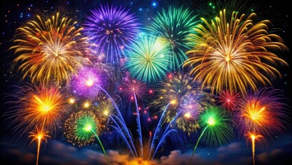 Naklejka premium Vibrant Multicolored Fireworks Display: Golden, Blue, Green, and Purple Sparks Against a Dark Night Sky for Celebrations and Festivals