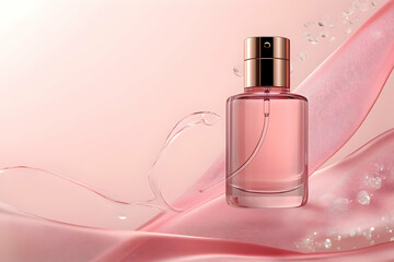 Pink Perfume Bottle with Water Splashes and Fabric Elegantly Displayed on a Soft Pink Backdrop.