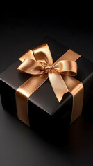 Black Gift Box Wrapped with Gold Ribbon Elegantly on a Dark Background