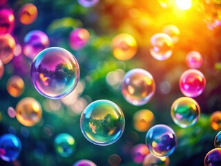 Bright bubbles and soft-focus dialogue create a whimsical, airy communication concept against a defocused light background.