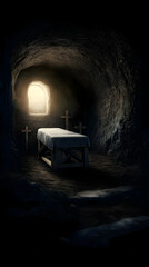 A Dark Cave Interior with a Table, Crosses, and a Luminous Window Illuminates the Scene Mysteriously.