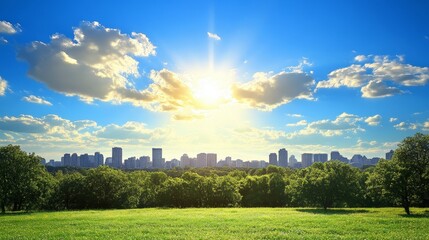 Sunlit Cityscape Viewed from a Verdant Meadow at Sunrise or Sunset