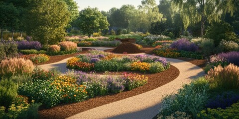 Obraz premium Vibrant Garden Pathway with Blooming Flowers in a Serene Park Setting