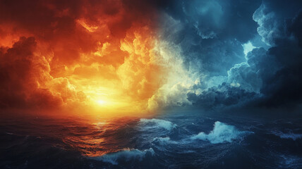 Fototapeta premium Stunning contrast of fiery sunset and cool twilight over turbulent waves