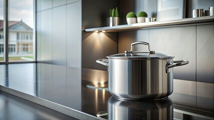 Modern Steel Pot with Lid on Minimalist Kitchen Countertop - Elegant Culinary Design for Architectural Photography, Featuring Clean Lines, Contemporary Aesthetics, and Functional Style