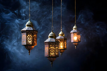 Obraz premium Ornate Lanterns Emit a Warm Glow Against a Smoky Backdrop