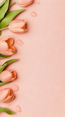 Pink Tulips Arranged on a Textured Pink Background with Water Droplets Gracefully Adorning the Scene.