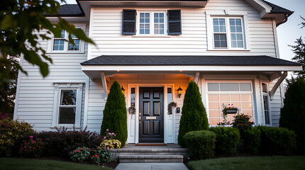 Obraz premium Elegant White House Exterior at Dusk: Dream Home Architecture and Landscaping