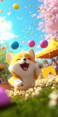 Fototapeta premium Playful corgi catching colorful balls in cherry blossom park fun outdoor scene joyful atmosphere