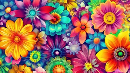 Vibrant Floral Symphony:  A kaleidoscope of colorful, stylized blossoms creates a mesmerizing pattern, celebrating the beauty and joy of nature's bounty.  