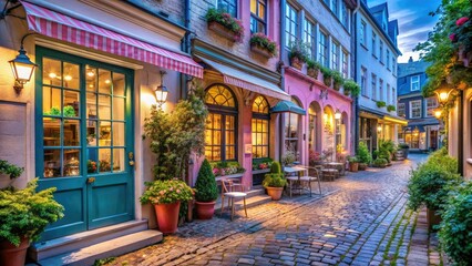 Fototapeta premium Night Photography of Pastel Pink and Blue Shops in a Charming Retail Street Scene, Ideal for Cute Lifestyle Imagery and Urban Aesthetics