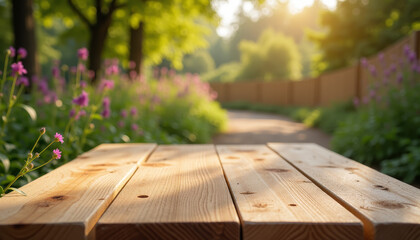 Fototapeta premium Untreated wood table outdoors in sunlight