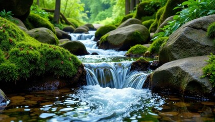 Mountain stream flowing over moss-covered rocks , Wildflowers, Greenery